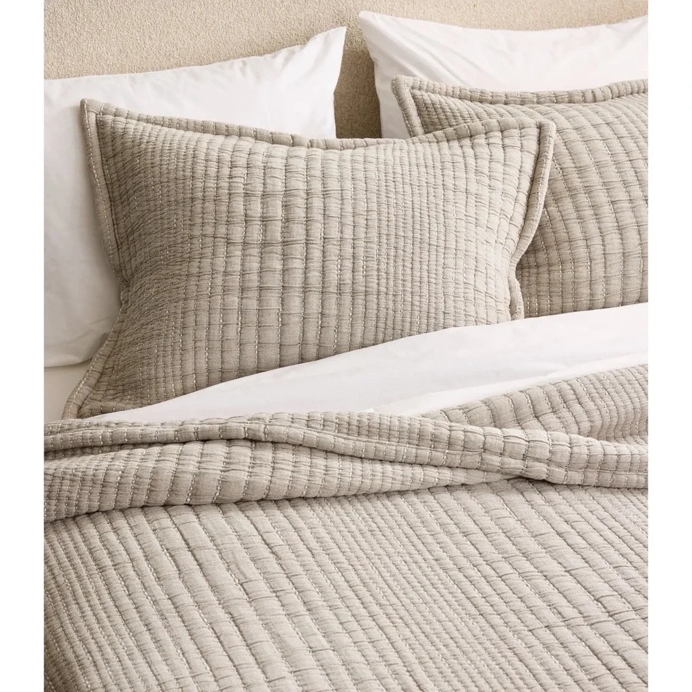 Quince Channel Stitch Pillow Sham Set Standard Taupe 20x26 NWOT Organic Cotton